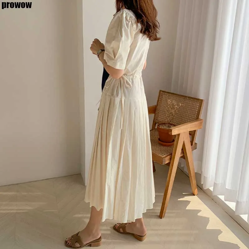 Office Lady Work Dress Korea Design Drawstring Slim Chic Pleated Long Dress Vintage Women Holiday Casual Summer Dress 2020