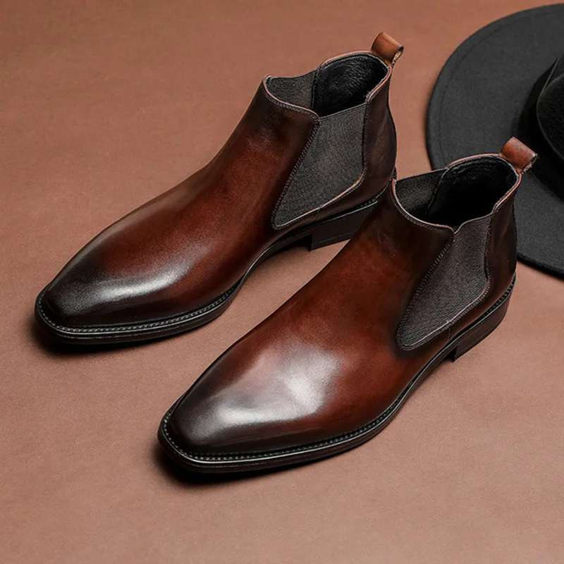 

2023 Winter Men Boots Genuine Cow Leather Classic Handmade Ankle Quality Slip on Flat Black Brown Dress Botas No Laces