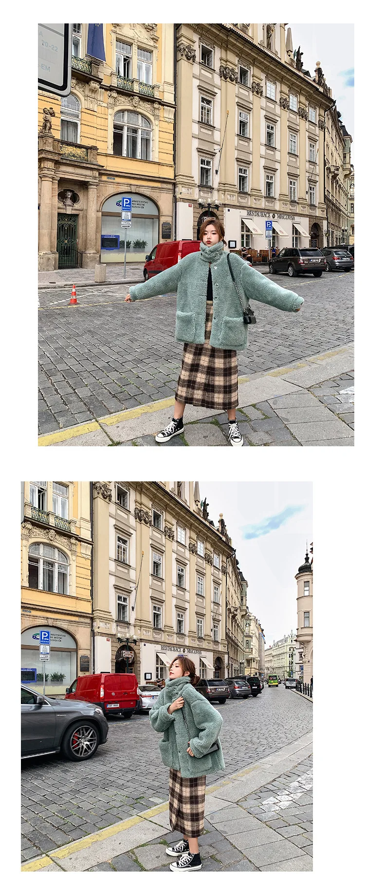 Фото фотосессия основной толчок Шикарный Сладкий ягненка шерсть изумрудно-зеленый средней длины красивый стоячий воротник однобортный шерстяной пиджак для женщин