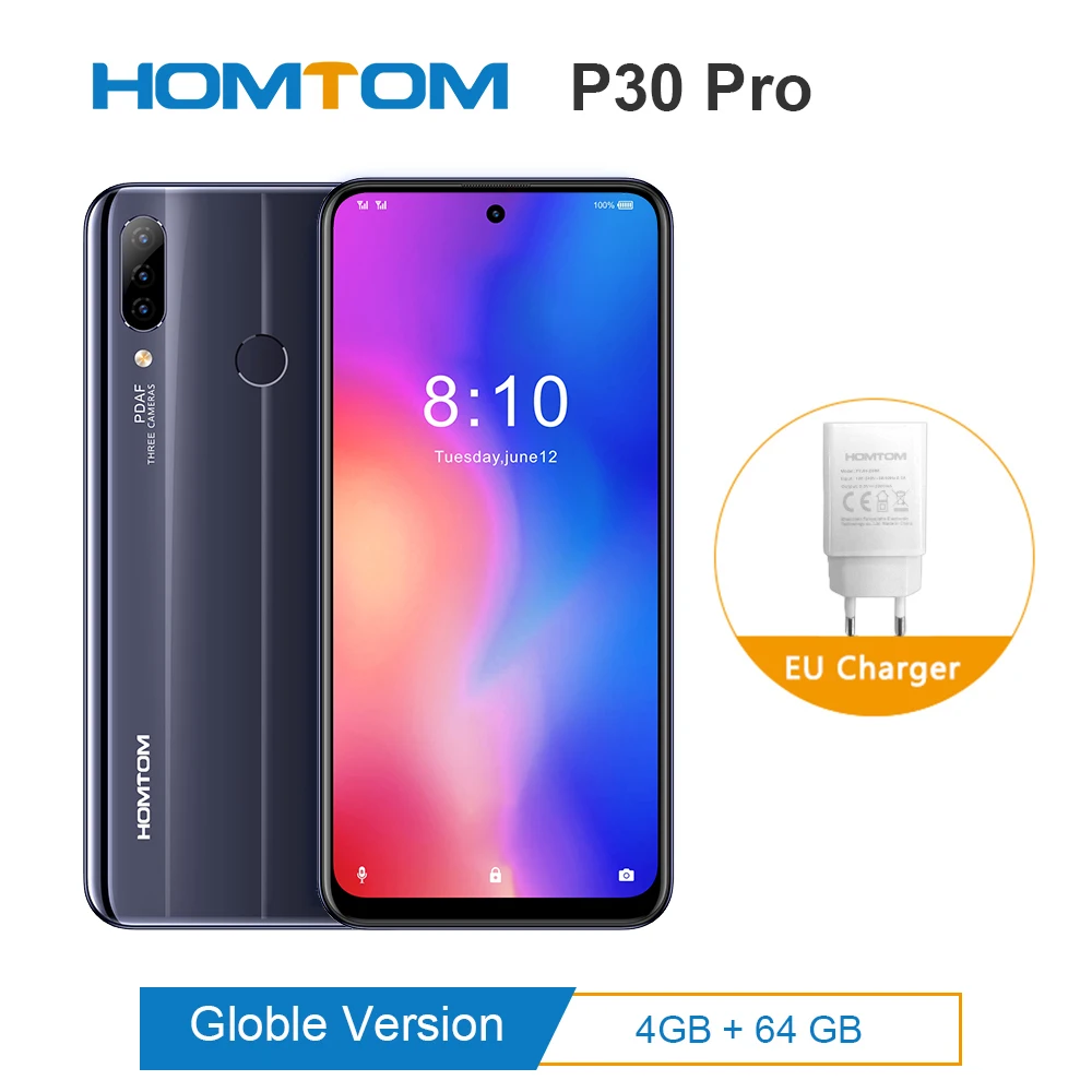 HOMTOM P30 pro Android 9,0 MTK6763, четыре ядра, 4 ГБ, 64 ГБ, стеклянный чехол, смартфон, 6,41 дюймов, 4000 мАч, 4G, 13 МП, тройная камера, мобильный телефон