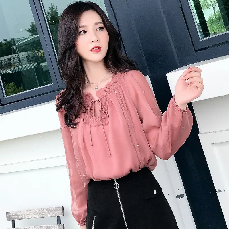 

WOMEN'S Dress 2020 Spring And Autumn New Style Korean-style Versatile Long-sleeved Chiffon Shirt Women's Scheming Shirt Beads on