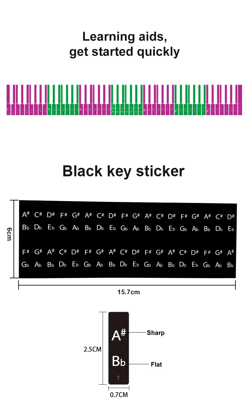 88keys piano stickers Assist novice beginners to learn piano tools Can be used repeatedly Rectangular piano key note sticker