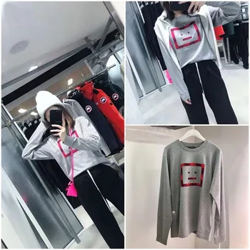 

2020 Spring Summer Square Smiling Face Expression Pattern Cotton Loose Round Neck Long Sleeve T-shirt Men Women Sweatshirt A3