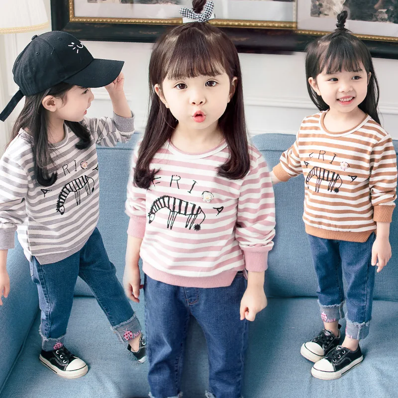 

Female Baby Spring And Autumn Long-sleeve Suit 2018 Autumn New Style Children Zebra T-shirt + Jeans Two-Piece Set