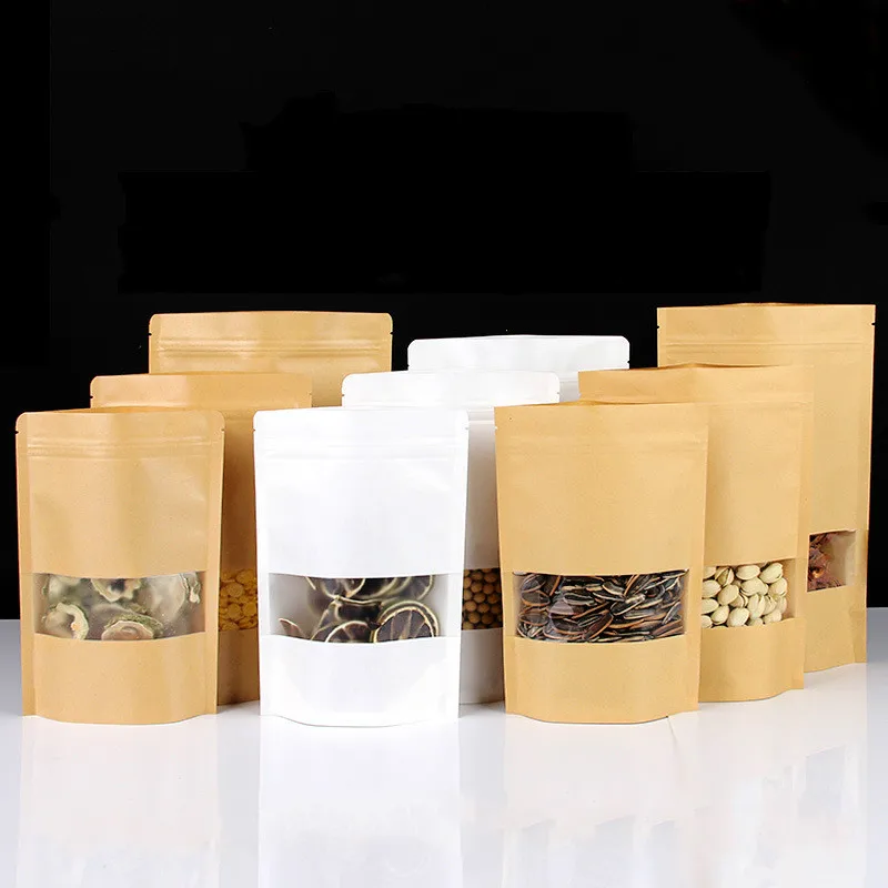 

10pcs multi-size Window Kraft paper bag tea nut packing bag Kraft paper self-sealing bag dry fruit sealed bag food bag
