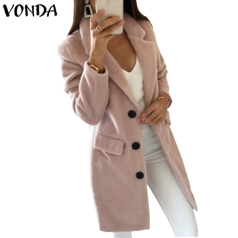 VONDA, женское осенне-зимнее приталенное пальто,, Женский Повседневный Тренч, пуговицы, карманы, длинное пальто, офисное Женское пальто размера плюс S-5XL - Цвет: Розовый