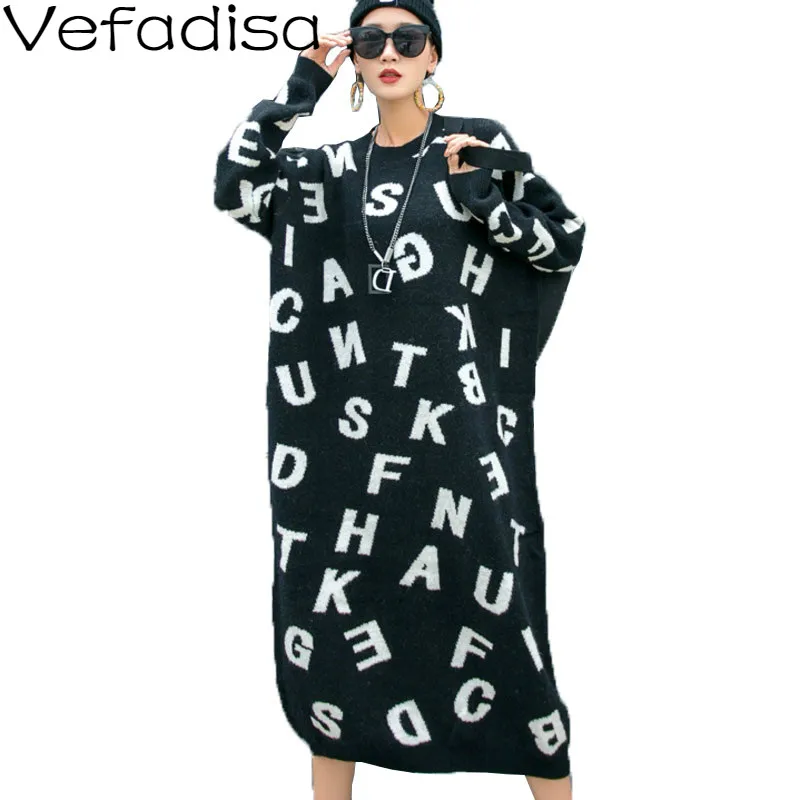 Vefadisa Letter Print Mid-Calf Sweater Dress Women