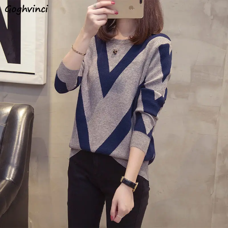 Sweaters Women Autumn O-neck Slim Knitting Pullovers Large Size L-5XL Loose Womens Winter Korean-style All-match Printed Chic | Женская