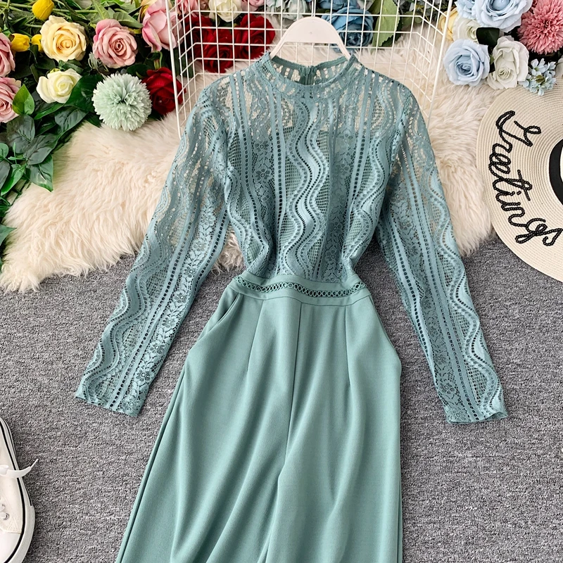 Autumn Fashion Sexy Lace Hollow Stitching Wide-legged High Waist Long Sleeve Jumpsuits Women Solid Color Elegant Overalls J897