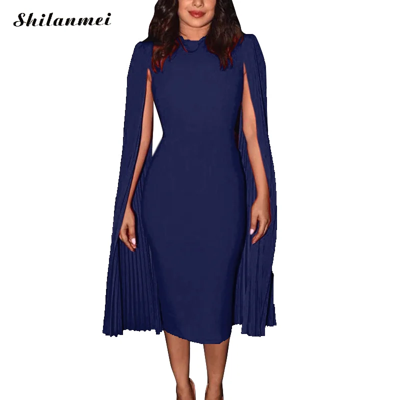 Элегантный плащ-накидка с рукавом женское тонкое сплошное сексуальное облегающее платье женское офисное женское платье для работы винтажное бальное платье - Цвет: blue