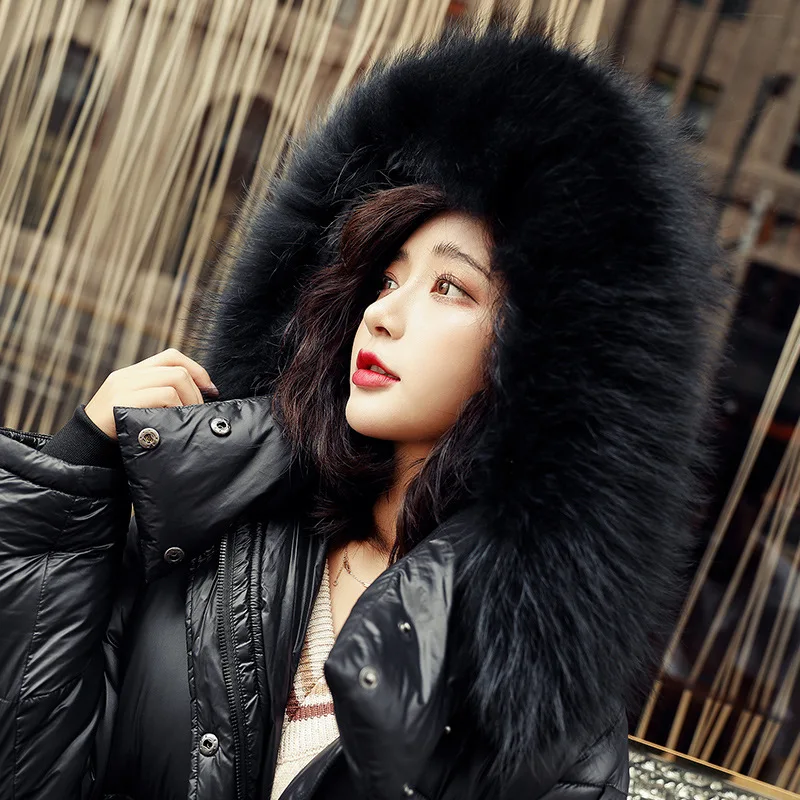 Best Causal X Long Glossy Down Parkas Women Winter Jacket Cotton Padded Warm Thicken Big Fur Collar Long Coats Down Parkas