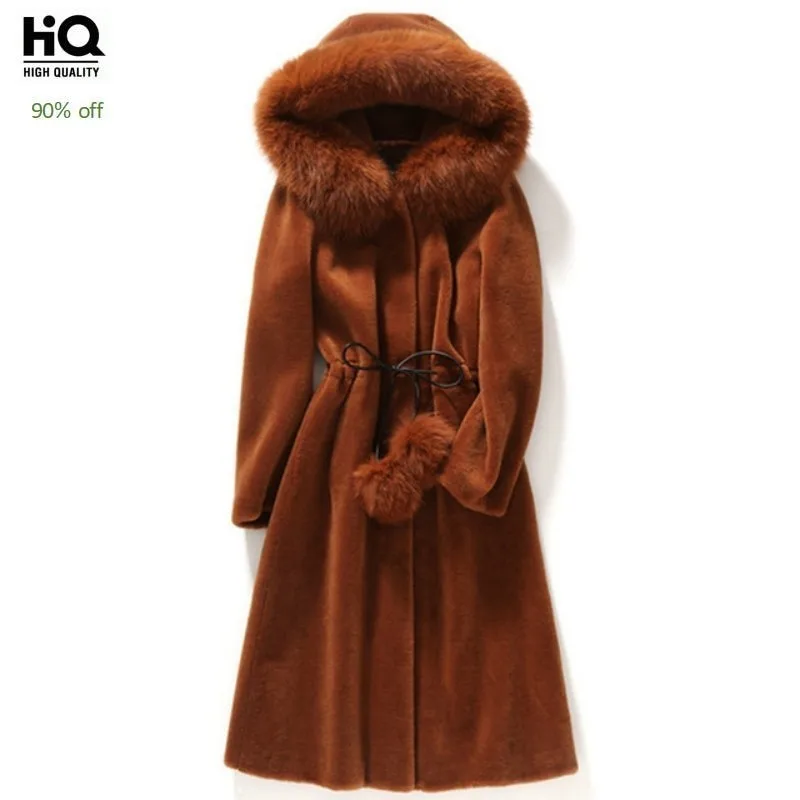

2020 Real Fur Long Coat Female Natural Sheep Shearing Overcoat With Genuine Fox Fur Collar Hooded Wool Winter Warm Jacket Women