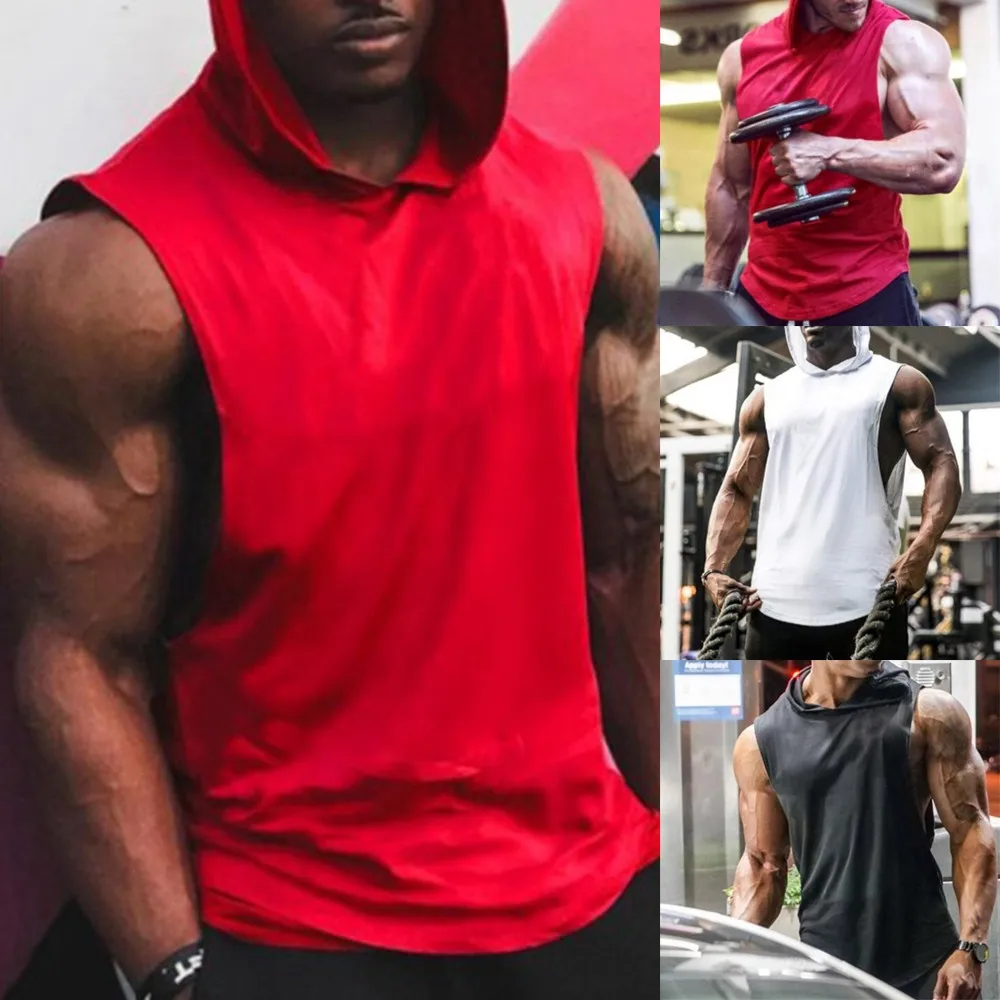 

Men Hooded Vest Tank Tops Bodybuilding Sleeveless Gym Training Muscle T Shirt Hip Hop Streetwear Workout Elastic Men Tank Top