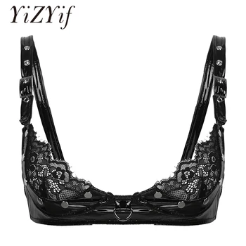 

Womens Sexy Bra Deep V Neck Lace Cups Rivets Bra Tops Wet Look Patent Leather Bra Lingerie Adjustable Leather Bra Tops Nightwear