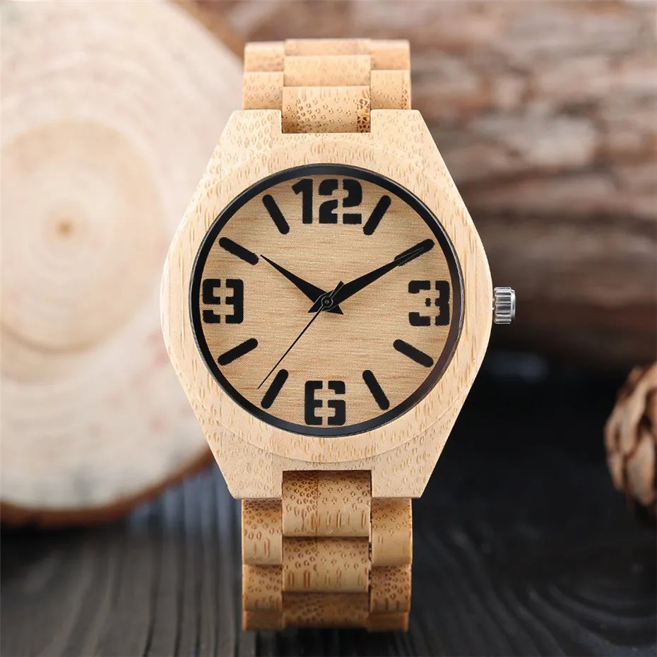 

Arabic Numerals Display Full Bamboo Wood Watch Quartz Timepiece Men's Watch Pure Wooden Man Clock Luxury Casual Wristwatches