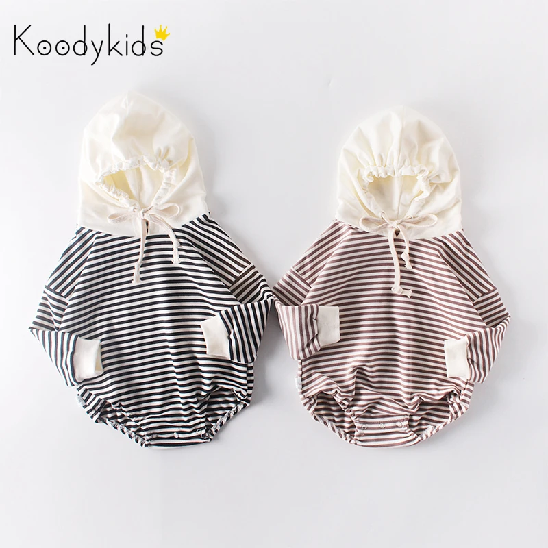 Koodykids/весенне-осенние полосатые боди для маленьких мальчиков; хлопковая одежда с длинными рукавами для маленьких девочек; хлопковые комбинезоны в полоску с капюшоном; От 0 до 2 лет