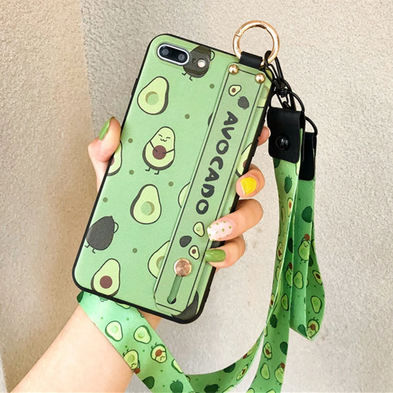 

Phone Holder Case For iphone XR X Xs Max 6 6s 7 8 Plus Avocado Flower Heart Soft TPU Neck Wrist Strap Lanyard Case Ring Holder