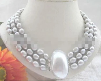 

P5732 - 3row 17-19" 9-10mm natural gray baroque freshwater pearl necklace-shell