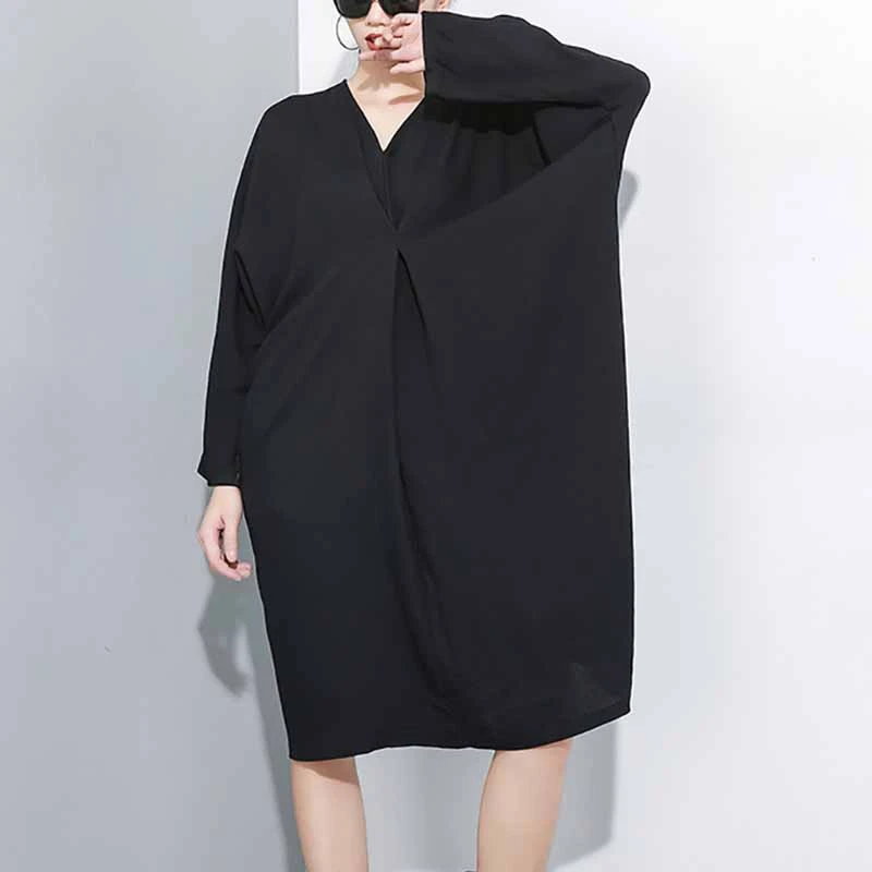 

[YaLee] New Fashion 2019 Summer Autumn Thin Simple V-neck Long Sleeve Stitching Pleated Large Size Dress Women N215