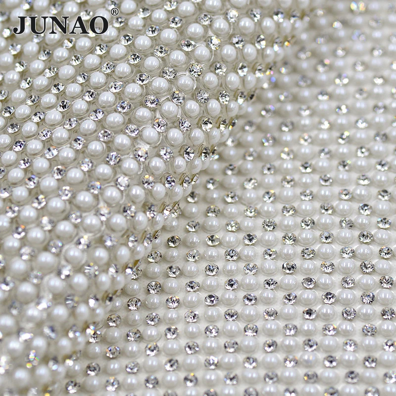 

JUNAO 24*40cm Hotfix White Pearl Rhinestone Mesh Trim Glass Crystal Fabric Sheet Pearl Applique Strass Band Garment Shoes Diy