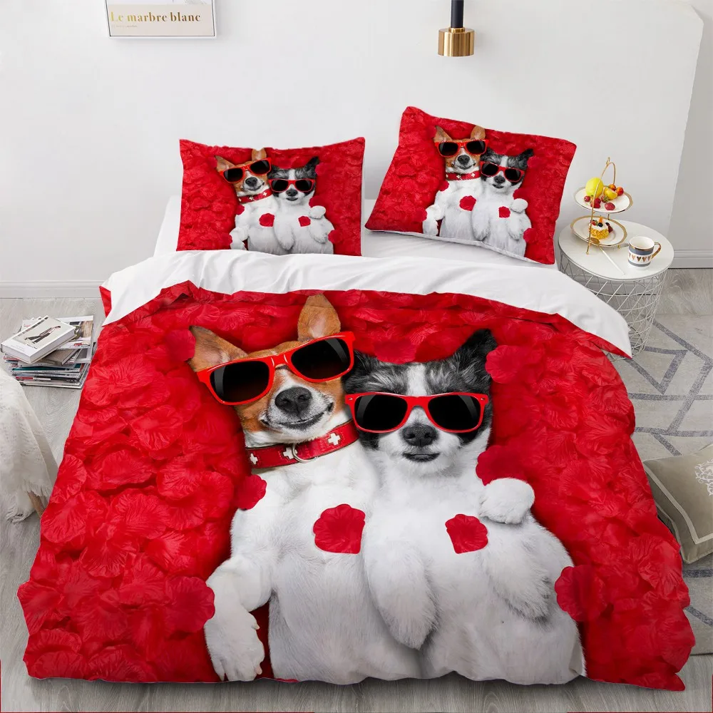 3D Bedding Sets Red White Duvet Quilt Cover Set Comforter Bed Linen Pillowcase King Queen 200*220cm Size Dogs Pet Dog | Дом и сад