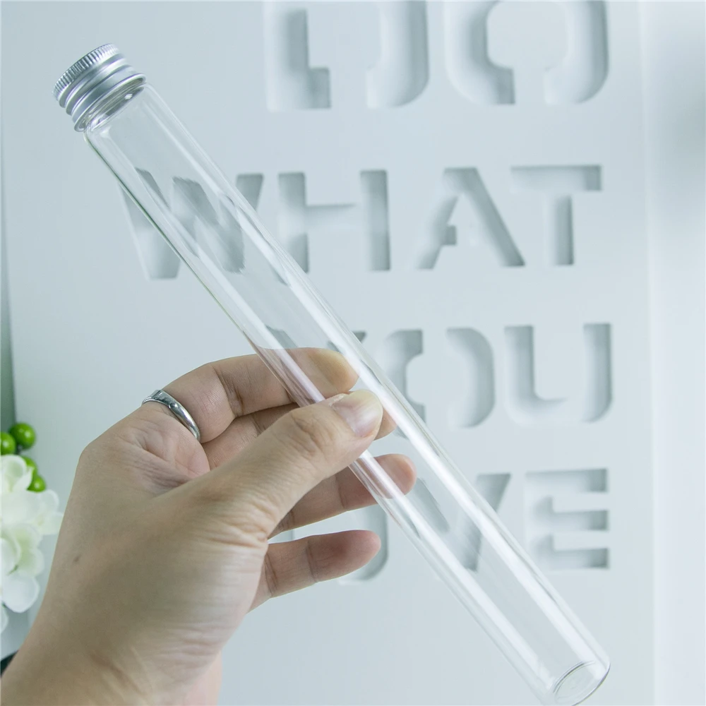 25x230mm Empty Glass Flat Base Bottles With Screw Cap Aluminum cover Long Glass Bottles Vials Stand 90CC Vase Jars 6pcs