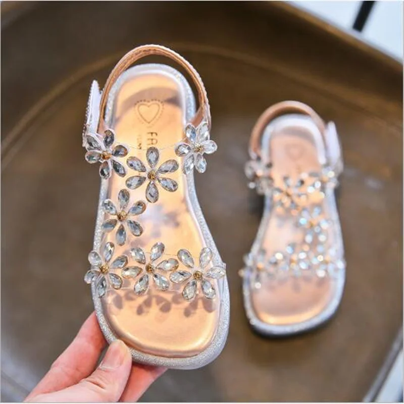 Sandalias para niña pequeña con adorno de cristal y flores de diamante, zapatos de baile, Shoes1-3-4-6-7-12 años