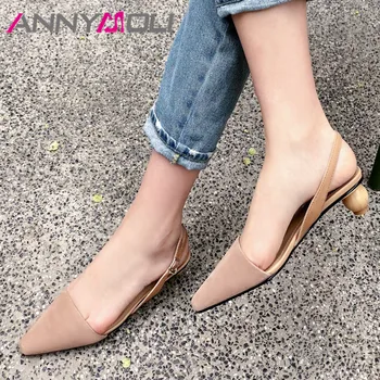 

ANNYMOLI Pumps Women Real Leather Mid Heel Slingbacks Shoes Pointed Toe Strange Style Heels Buckle Footwear Lady Summer Coffee
