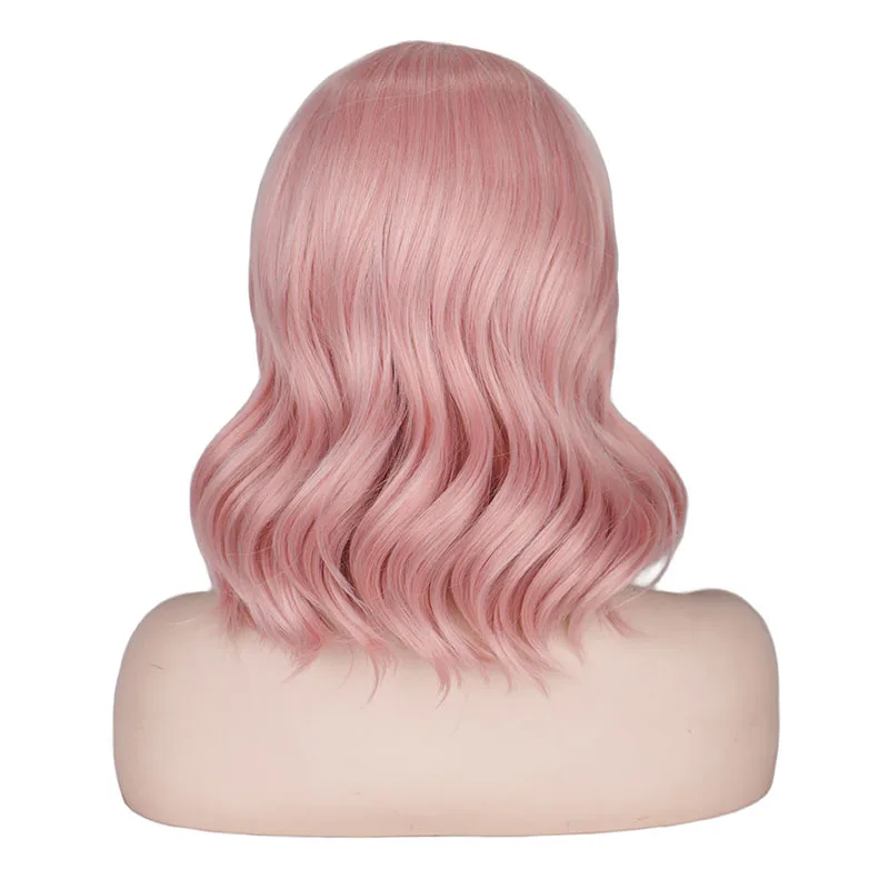 WHIMSICAL W Short Natural Wave Hair Wigs with Bangs Pink Beige Orane Heat Resistant Hair Synthetic Wig for Women