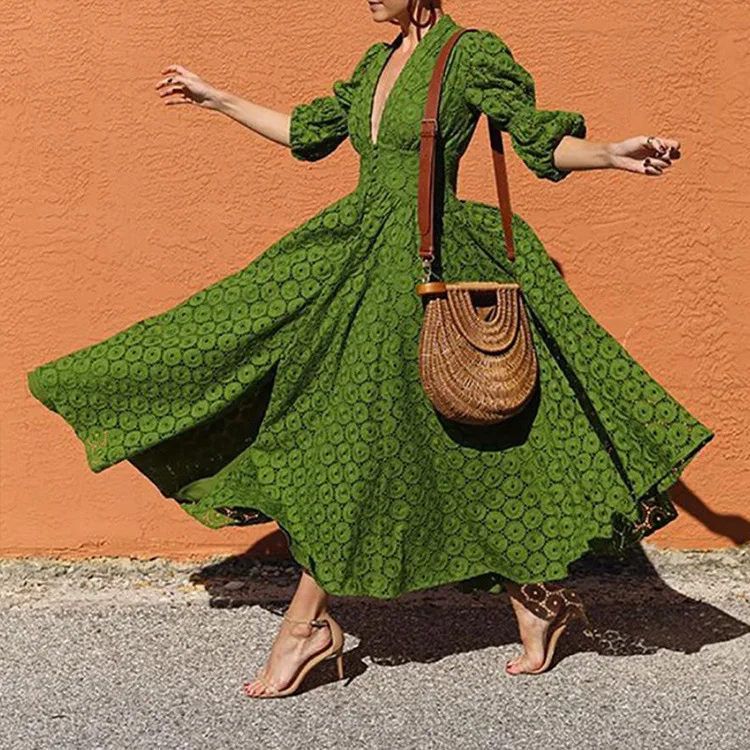 Модные однотонные зеленые богемные платья для женщин с рукавом-фонариком, летние пикантные пляжные платья с v-образным вырезом, вечерние платья