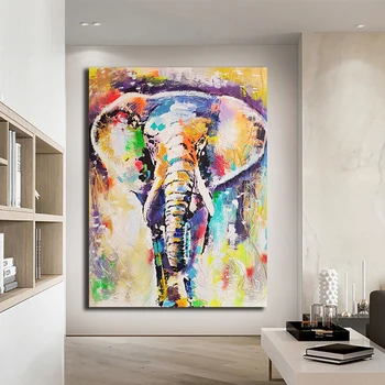 

OUCAG Abstract Elephant Canvas Painting Printed Colorful Animals Oil Posters and Prints Wall Art Graphic Living Room Decoration