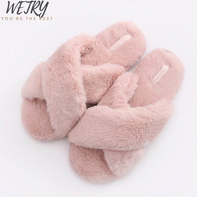 fur slippers Зимние Модные женские домашние тапочки теплая обувь из искусственного меха женские слипоны на плоской подошве женские меховые Вьетнамки розового цвета, большие размеры 36-41 - Цвет: fur slippers