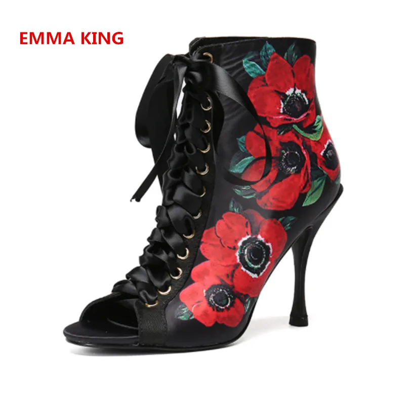 

2019 Hot Sale Flowers Prints Design Women Cross-Tied High Heels Booties Stilettos Open Toe Fashion Lace-Up Leather Ankle Boots