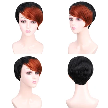 

MUMUPI Short Straight Hair Black Red Brown Two Tone Synthetic Cospaly Wig High Temperature Halloween Party Wig for Women