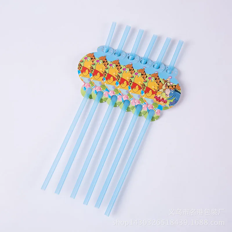 straw-6pcs Детские вечерние принадлежности с изображением Винни-Пуха для мальчиков и девочек на день рождения, комплект с рисунком, платье на день рождения, комплект с чашкой - Цвет: straw-6pcs