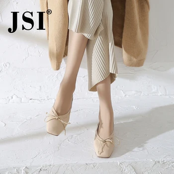 

JSI Women Shoes Square Toe Slip-On Solid Shallow Ladies Flat Spring Autumn Butterfly-Knot Genuine Leather Basic Women Shoe jo334