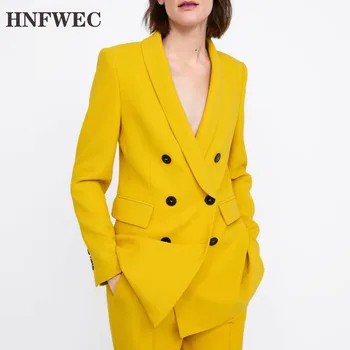 

Women Style Yellow Blazer Pockets Double Breasted Long Sleeve Office Wear Coat Solid Female Casual Outerwear Tops A979