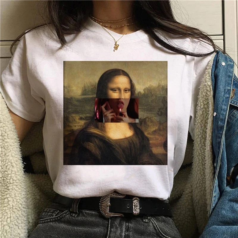 Mona Lisa Эстетическая Harajuku футболка женская Ullzang винтажная графическая футболка Веселая мультяшная футболка 90s корейский стиль Топы Футболки женские