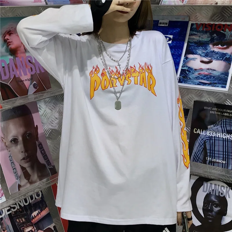 Ulzzang весна осень круглый вырез Высокая улица длинный рукав футболка женская Свободная Женская одежда футболки женские топы Мода Harajuku bf