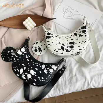 

Fashion Cow Milk Printed Crossbody Bag Women Casual PU Leather Chest Shoulder Pouch Lady Zipper Travel Handbags w/ Small Clutche