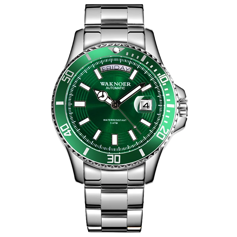 green silver Relogio masculino, WAKNOER, брендовые Роскошные нарядные часы, мужские водонепроницаемые светящиеся автоматические часы, механические часы, мужские часы, подарок - Цвет: green silver
