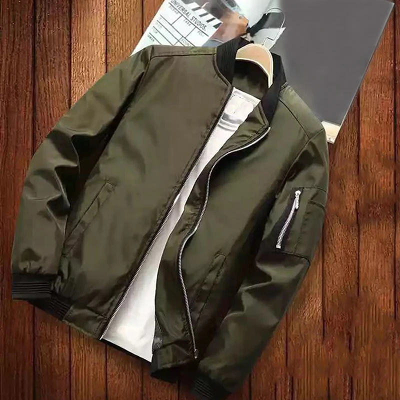 army green Повседневное Мужское пальто со стоячим воротником и длинным рукавом, модная Молодежная мужская однотонная куртка на молнии для мужчин, новая осенняя мужская приталенная куртка - Цвет: army green