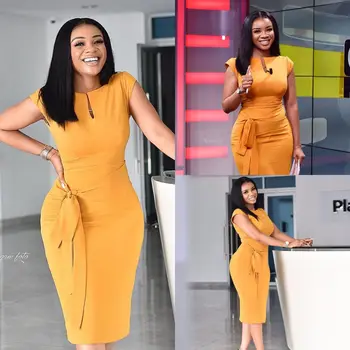 

2020 Evening Party Date Women Vintage Yellow Bodycon Dress With Sashes Office Lady Work Day Plus Size Midi Long Dresses Vestidos