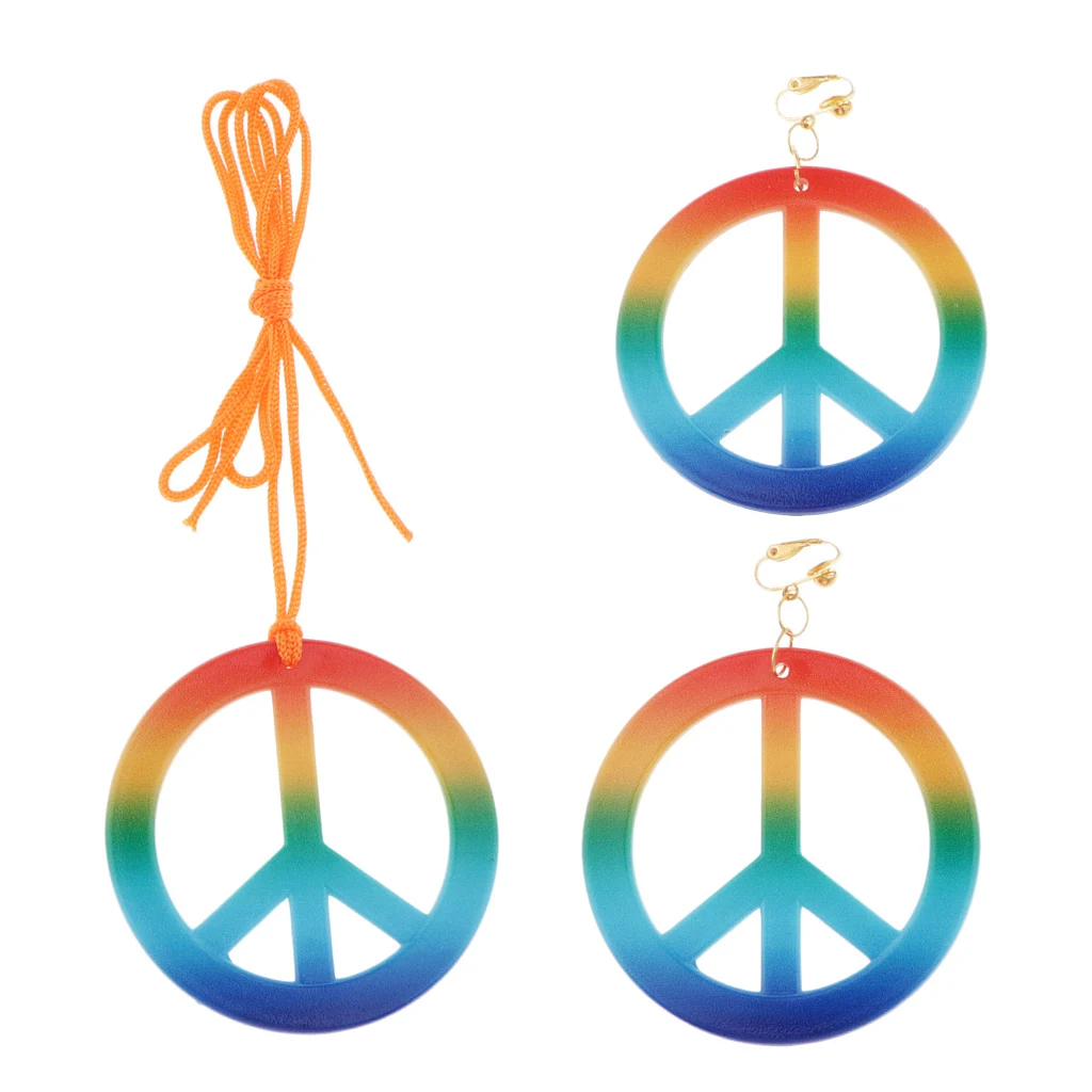 Retro Peace Sign Earrings Necklace Jewelry Set 1960's Party Fancy Costumes
