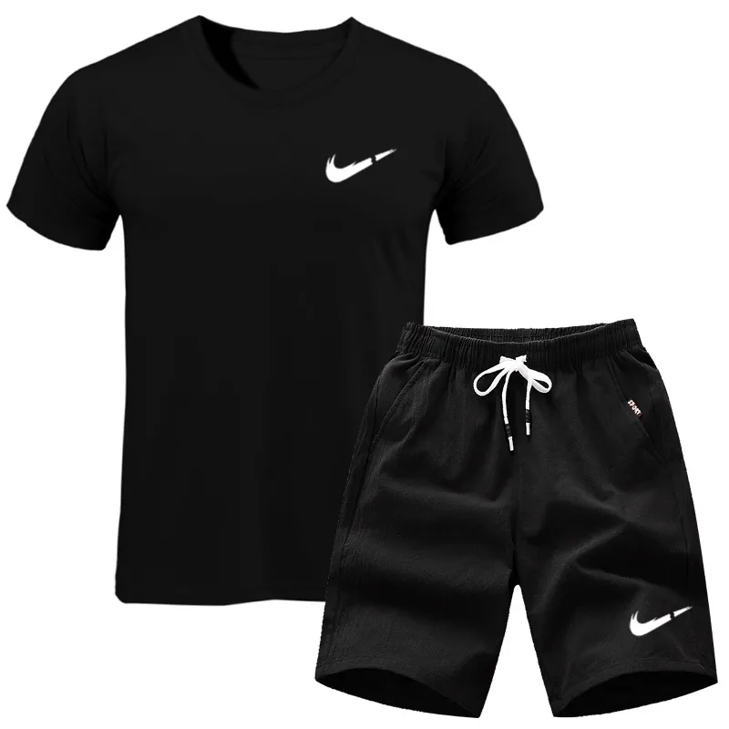 

Elastic Waist T-shirt Set Men Short Pants Soft Casual Logo Printed Cotton Light Sweat Shirt Daily Cool Sports Breathable Suit