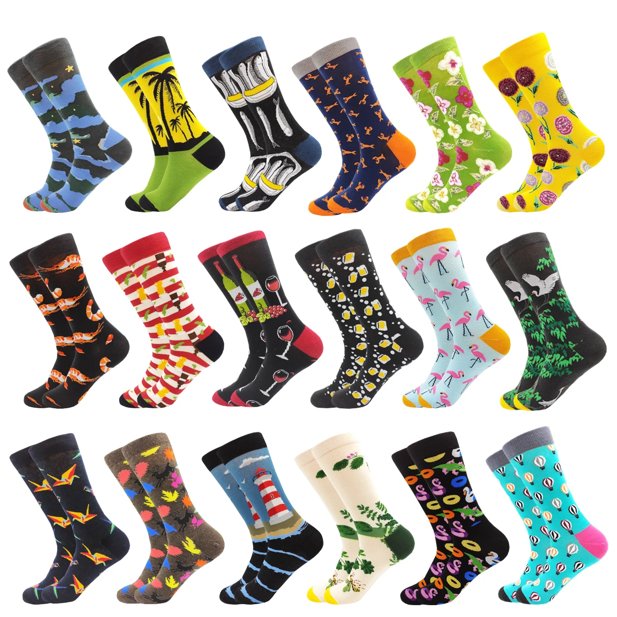 

Colorful Fashion Hip Hop Cotton Mens Socks Novelty Kawaii Harajuku Cartoon Art Pink Flower Bird Tree Happy Funny Socks Size38-46