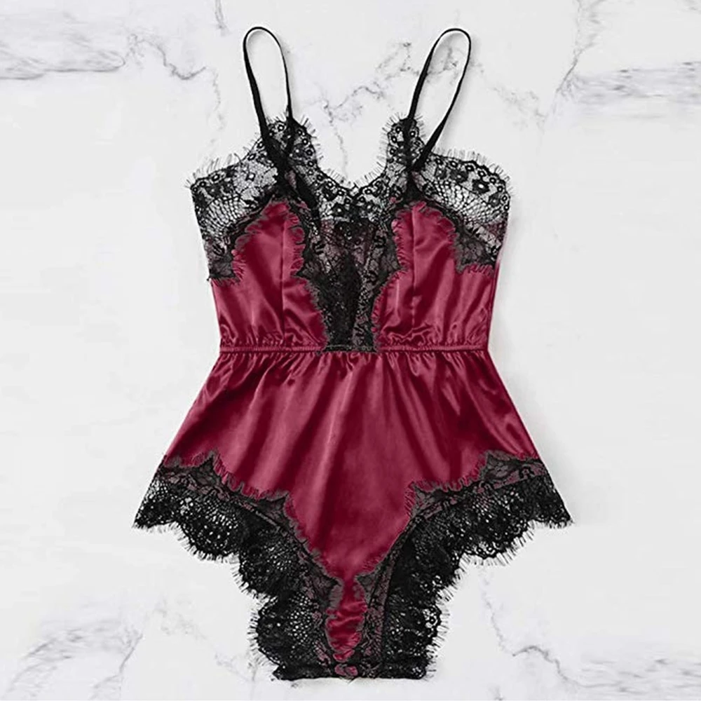 Wine red Эротический однотонный кружевной Окантованный Боди женские сексуальные открытые комбинезоны летние Сатиновые боди пижамы для отдыха D35 - Цвет: Wine red