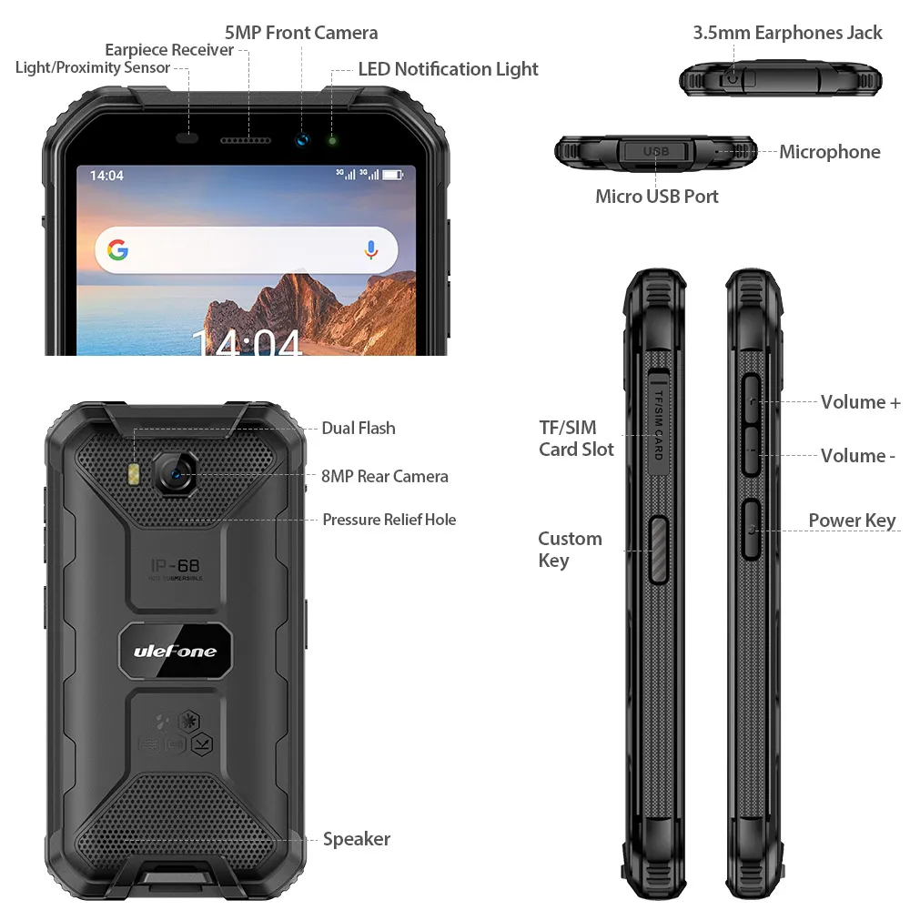 Мобильный телефон 3G Ulefone Armor X6 Android 9,0 с оперативной памятью, 2 Гб ПЗУ, 16 ГБ, четырехъядерный дисплей 5,0 дюймов, две sim-карты, 8. МП камера, смартфон