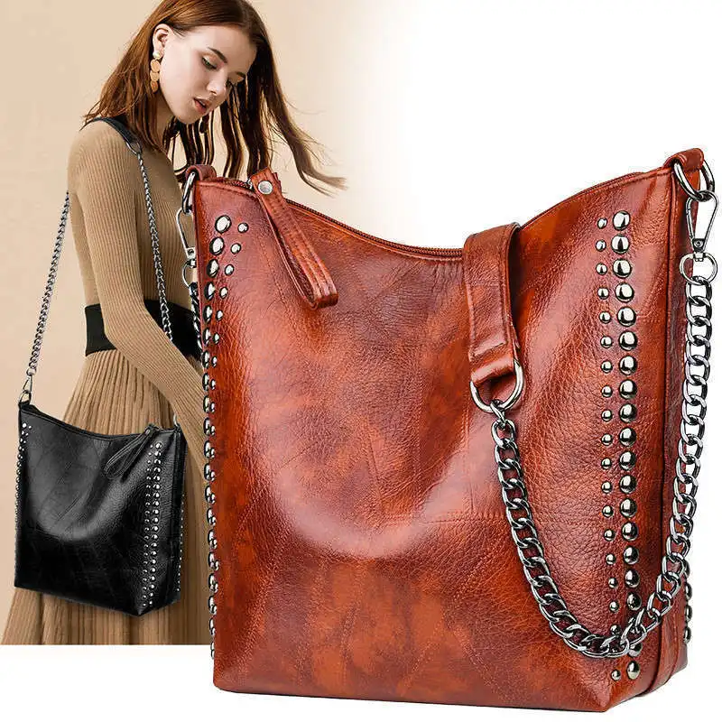 

Rivet Women Bucket Bag Female Shoulder Bags Chain Crossbody Handbag High Quality Retro Patchwork Leather Large Vintage Lady Bag
