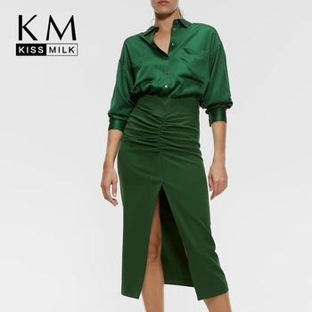 

KISSMILK 2020 New Fashion Loose Thin Plus Size Dark Green Solid Color Pocket Decoration Temperament Women Shirt